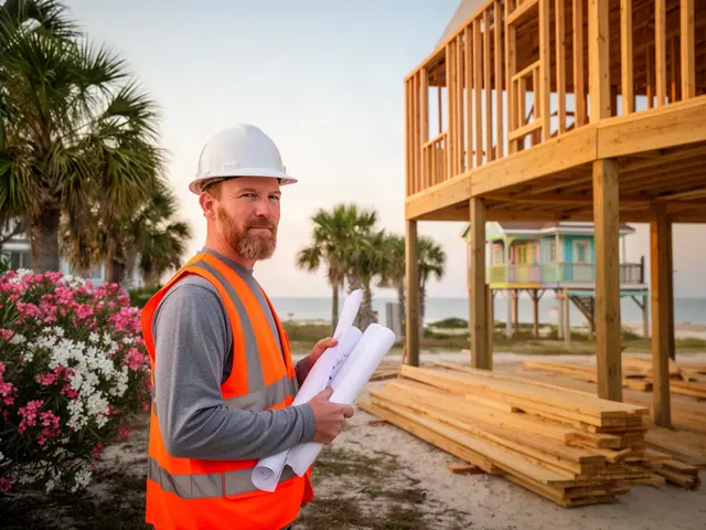 Builder in a white hard hat and orange safety vest holding rolled plans beside a raised beach-house frame