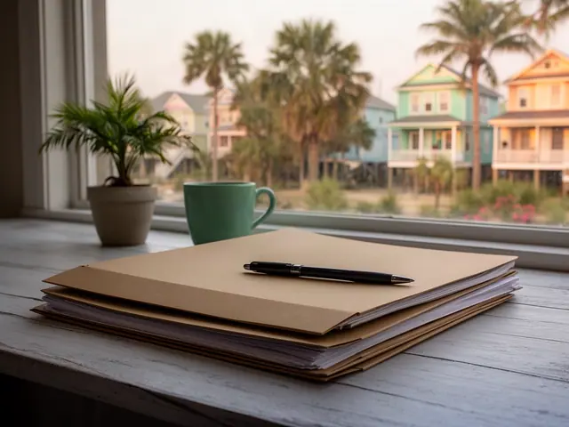 Stack of closed kraft folders with a pen on a whitewashed desk by a window onto palms and pastel raised houses